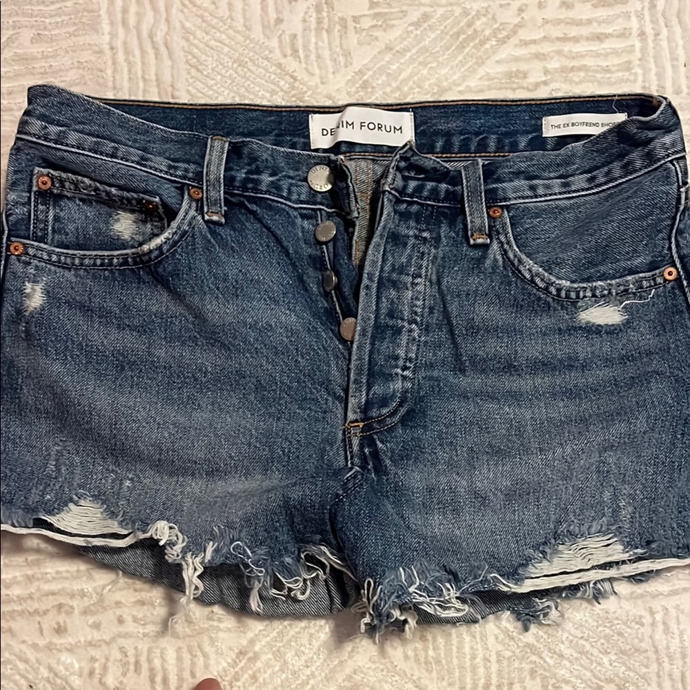 Denim Forum Blue Jean Shorts with Distressed Hem